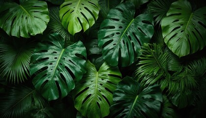 Rich green monstera leaves with water droplets create vibrant, textured background. Tropical foliage, including palm fronds, fills frame, offering fresh, natural aesthetic perfect for botanical decor