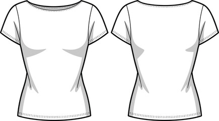 Feminine white t-shirt design flat sketch vector with boat neck and short sleeves, front and back view, perfect for fashion concepts