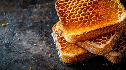 Honeycomb toast slices stacked on dark surface