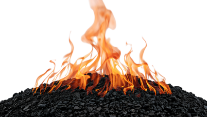 Burning coal with bright orange flames on black surface against white backgroundenergy, heat, combustion, environment