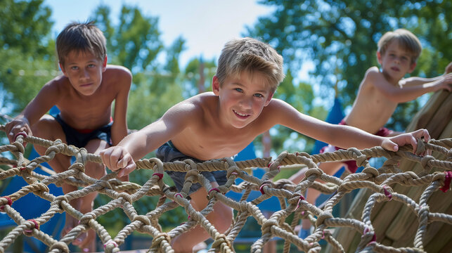 
Rope climbing net with active kids 