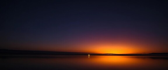 Sunset silhouette, small light, starry night sky, calm lake reflection,  twilight,  hope