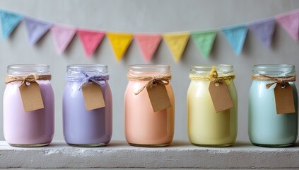 Four colorful jars of yogurt, pastel hues, tied with twine and tags on a white shelf, with a string of colorful triangular flags