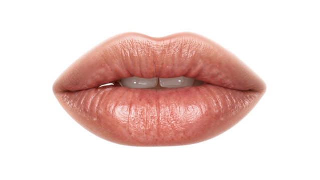 Closeup of glossy natural lips with soft texture and moist shine on the transparent background for beauty and skincare concepts