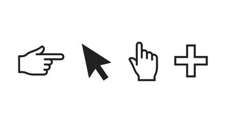 Computer cursor icons including pointer hand and plus symbol silhouette