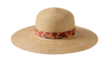 Wide brim straw sun hat with camouflage pattern band on the transparent background for summer fashion and sun protection