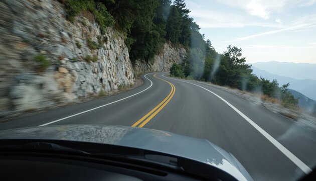 Dashcam view of a winding mountain road with blurred motion. Asphalt highway curves through rocky terrain and dense trees. Scenic coastal landscape unfolds with distant mountains and ocean.