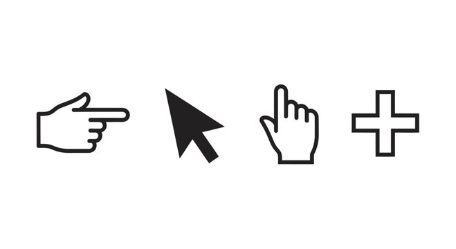Computer cursor icons including pointer hand and plus symbol silhouette