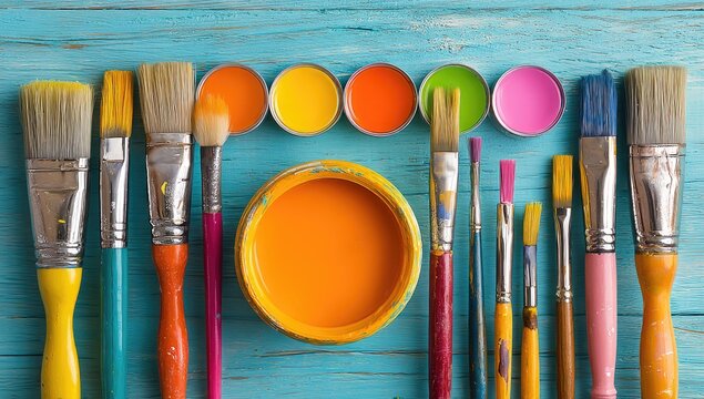 Colorful art supplies arranged on a teal wooden surface.  Rows of assorted paintbrushes and small containers of vibrant paints.  Top-down view