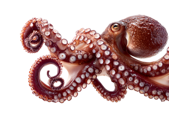 Detailed view of a red octopus with curled tentacles isolated on transparent background