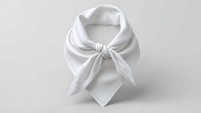 Bandanas mockup concept. A delicate white scarf tied neatly, showcasing its soft fabric and elegant design against a neutral background. .