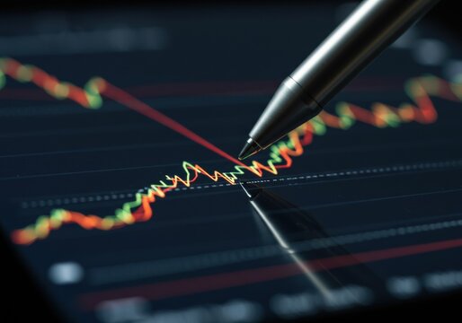 Stylus pointing at a stock market chart displayed on a tablet screen, representing finance.