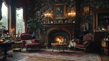 Ornate Victorian Parlor with Fire