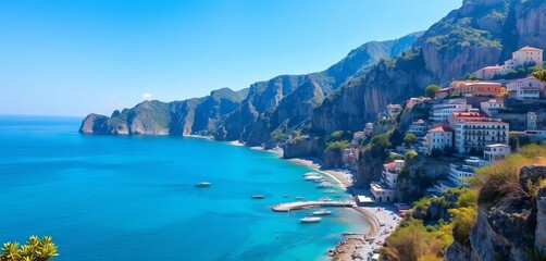 Turquoise Amalfi Coast waters, dramatic cliffs, scenic coastline, high angle, view