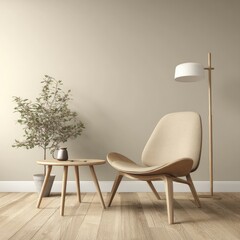 Beige minimalist living room with wooden chair and small table