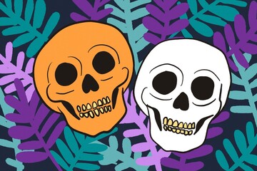 Halloween skulls illustration with colorful leaves