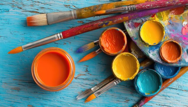 Colorful paintbrushes and pots on a distressed wooden surface. Various shades of orange, yellow, and blue paint are visible. A palette with paint wells is included - Powered by Adobe