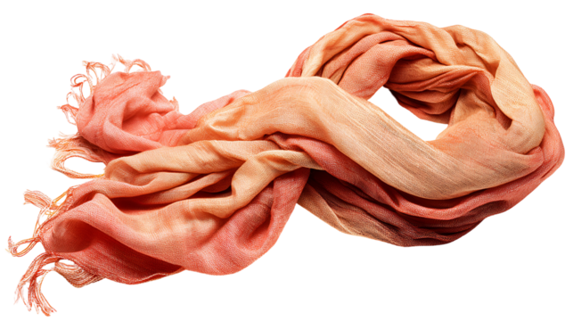 Soft peach and gold patterned scarf tied in a knot isolated on transparent background