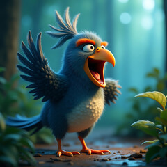 Cartoon Blue Bird with Wide Eyes and Open Beak in a Forest Setting cartoon bird funny bird