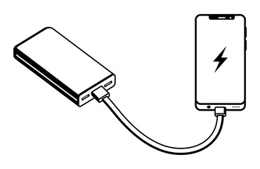 Black icon of smartphone charging from power bank with cable connection