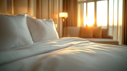 Sunlight streams through the window, brightening a cozy hotel room