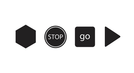Set of icons including hexagon stop go and play button silhouette