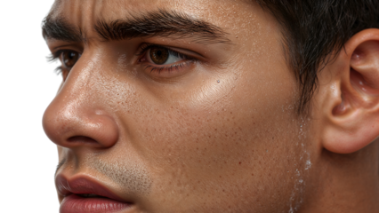 Closeup of young mans face with natural skin texture, freckles, and sweat on forehead and cheek highlighting pores, stubble, and realistic details