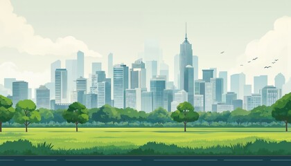 Obraz premium Visual illustration of modern city skyline with numerous skyscrapers. Rich green park with trees borders foreground, and road runs along bottom edge. Birds fly in hazy sky above cityscape.