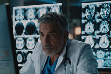 Experienced Male Doctor or Neurologist Analyzing Brain MRI Scans in a Hospital