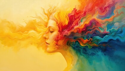 Abstract portrait of woman with vibrant, colorful paint splatters representing flowing hair, expression. Artwork combines face, liquid ink, modern design with bright hues of red, yellow, orange,