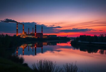 Fototapeta premium Twilight illuminates a factory's smokestacks reflected in a calm river, manufacturing, buildings