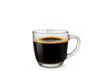 Glass cup filled with steaming black coffee, showcasing rich foam, set against a transparent background, inviting warmth and comfort