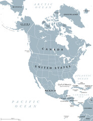 North America, gray political map with borders of the states, provinces and territories of Canada, USA and Mexico. Continent bordered by South America, Caribbean Sea, Arctic, Atlantic and the Pacific.