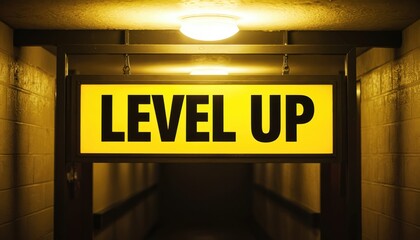 Bright yellow signboard with bold black letters spelling LEVEL UP hangs in dimly lit corridor. Metal frame supports sign. Tiled walls, ceiling lights create atmospheric, urban environment. Promotes
