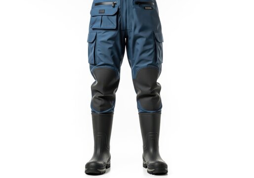 Durable blue fishing chest waders with integrated boots and multiple cargo pockets, isolated on a clean white background.