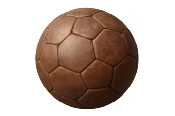 Vintage brown leather soccer ball rotating on transparent background
