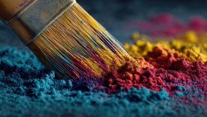 Fototapeta premium Close-up of paintbrush dipping into vibrant, powdered pigments