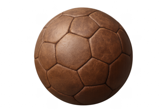 Vintage brown leather soccer ball rotating on transparent background