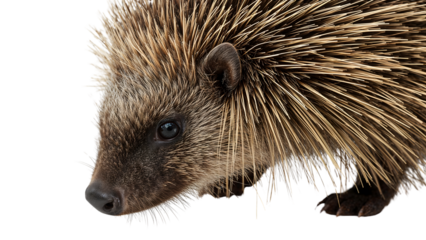 Closeup portrait of a european hedgehog with sharp spines on the transparent background highlighting details and texture