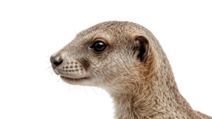 Meerkat profile portrait against white background highlighting whiskers fur and details of african mammal suricata suricatta