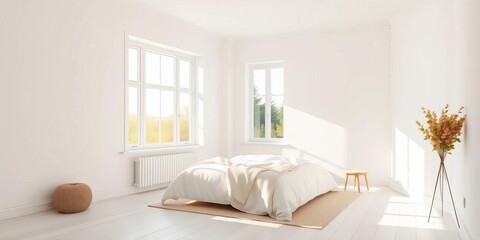 Sunlit minimalist Scandinavian bedroom  White walls, empty space, large window showcasing summer landscape,  simple,   walls
