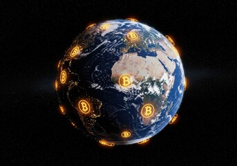 Bitcoin encircles the Earth, symbolizing the global reach of cryptocurrency and digital finance.