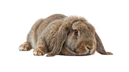 Adorable brown lopeared rabbit resting on the transparent background, fluffy pet with soft fur and curious eyes, calm bunny portrait closeup