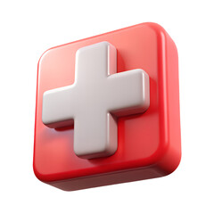 Obraz premium 3d icon of red square with white cross isolated on transparent background for medical concept