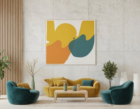 Minimalist living space with plush, legless velvet furniture in mustard yellow, teal hues. Pillowy, curved shapes define sofa, armchairs, creating cozy, modern apartment interior. Soft rug anchors
