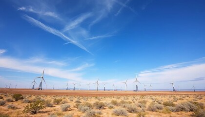 Vast Texas plains dotted with wind turbines, oil derricks, and sparse, hardy shrubs under a wide open sky,  green,  environment