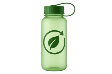 Green reusable water bottle displaying recycling icon, symbolizing environmental awareness and sustainable hydration practices against clean background