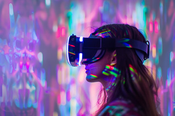 Woman in a VR Headset Immersed in a Colorful, Glowing Virtual Environment