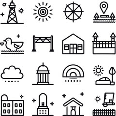 Collection of hand drawn landmark icons silhouette isolated on white background