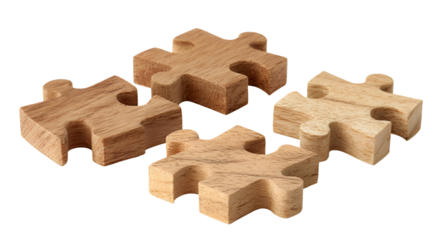 Four wooden puzzle pieces arranged in a diamond shape isolated on transparent background